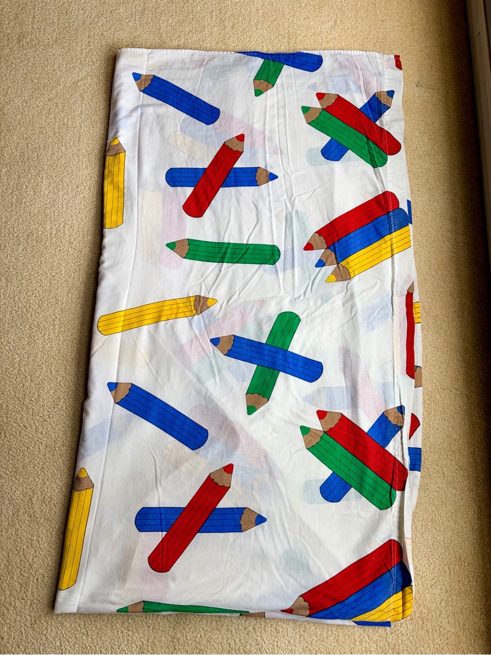 1990 Vintage SEARS Colored-Pencil TWIN Size Flatbed Bed Sheet/EUC